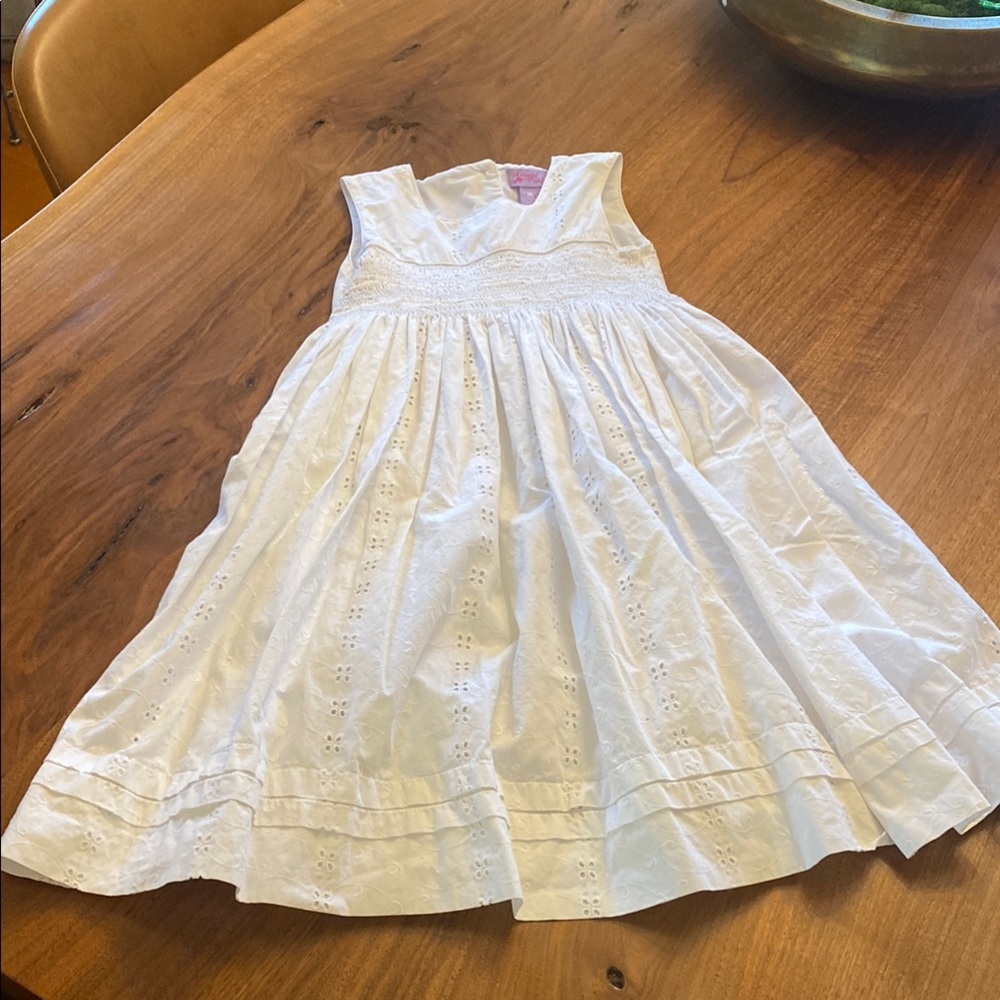 Angel Fish sweet white eyelet dress with tie back and front smocking. Size 6X